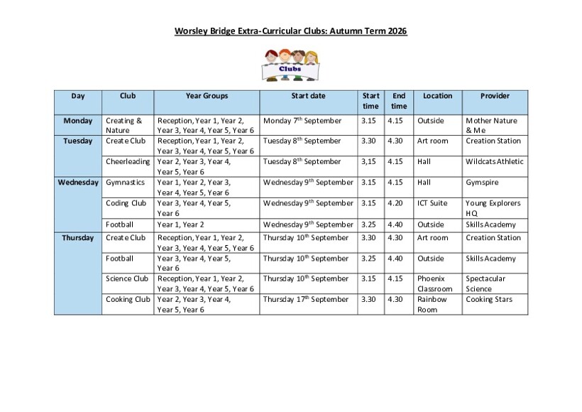 Enrichment Clubs Timetable Autumn Term 2026
